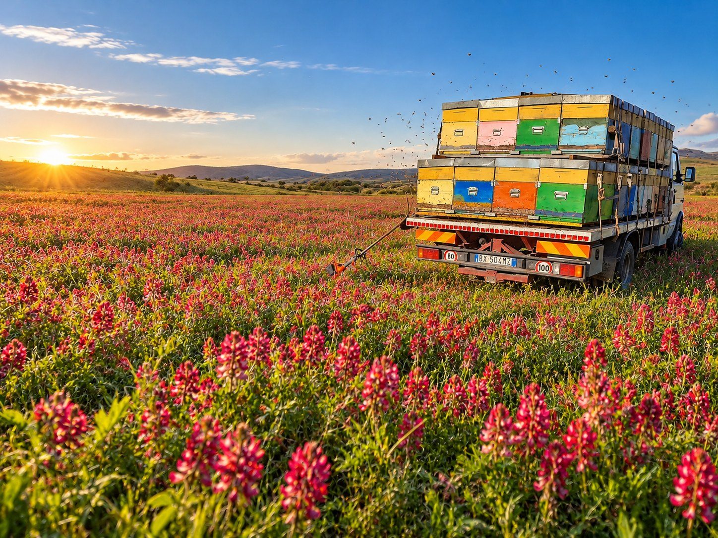 A truck loaded with colorful hives in the middle of a field of blooming sulla, with the sun setting over the hills and bees in flight.
