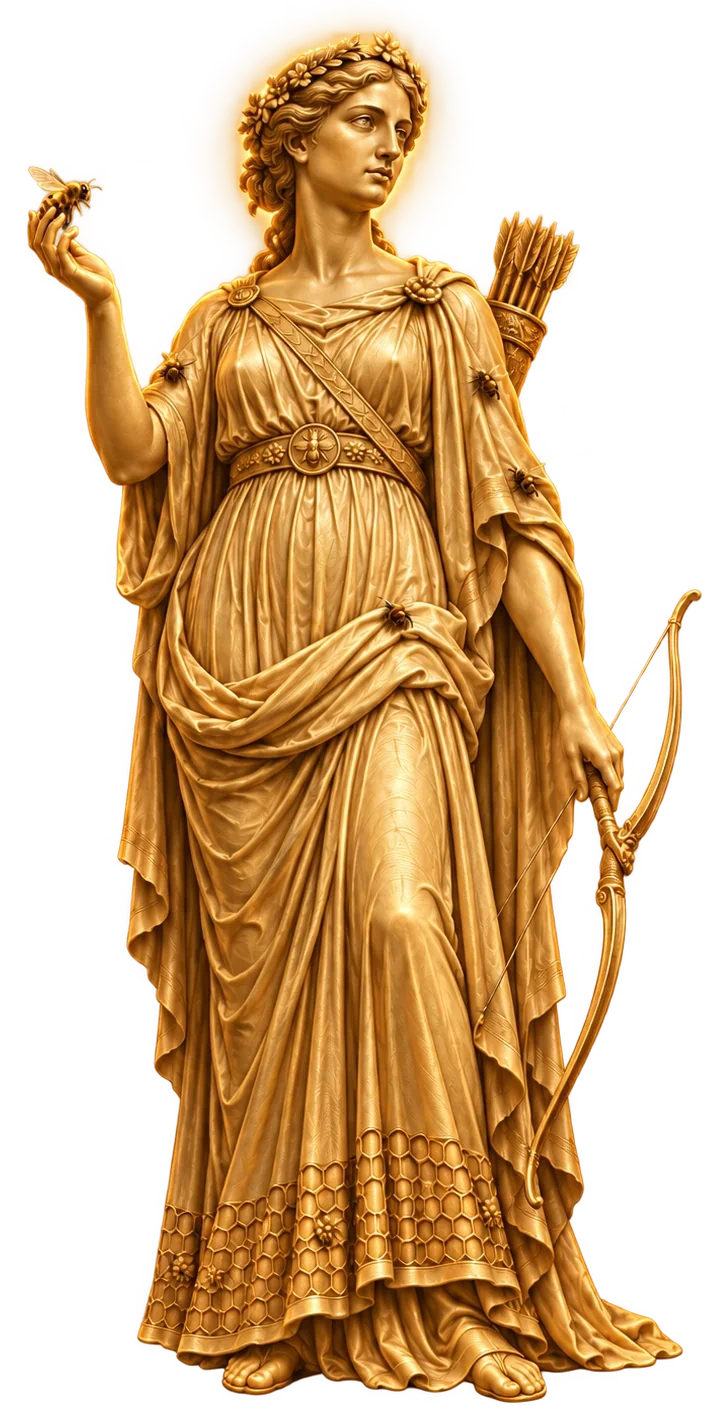 Artemis, the Greek goddess of nature, sculpted in gold: she wears a crown of flowers, a quiver on her shoulder and a bow in her hand, and a few bees fly around her raised hand.