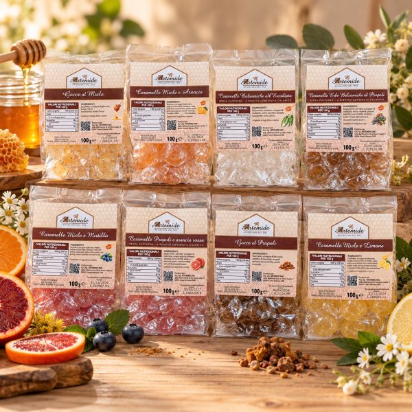Bags of Artemide honey candies, all flavors