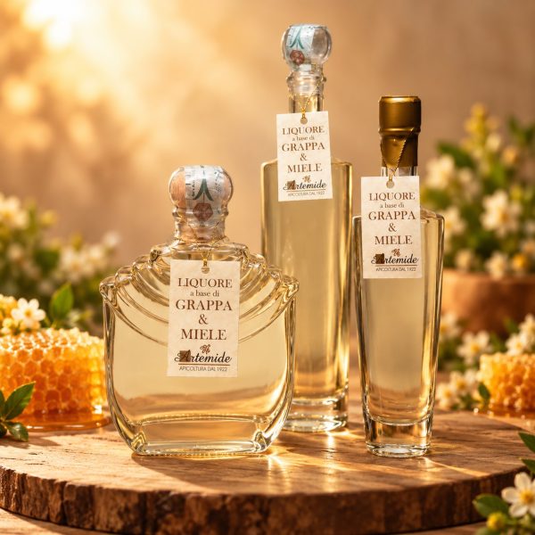 Artemide honey and grappa liqueur, all the bottles