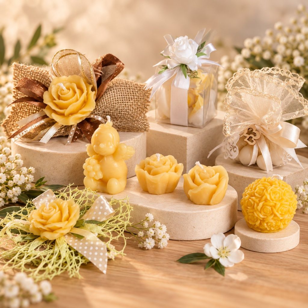 Candele in cera d’api a forma di rosa, di angioletto e di sfera di fiori, con fiocchi e nastri.