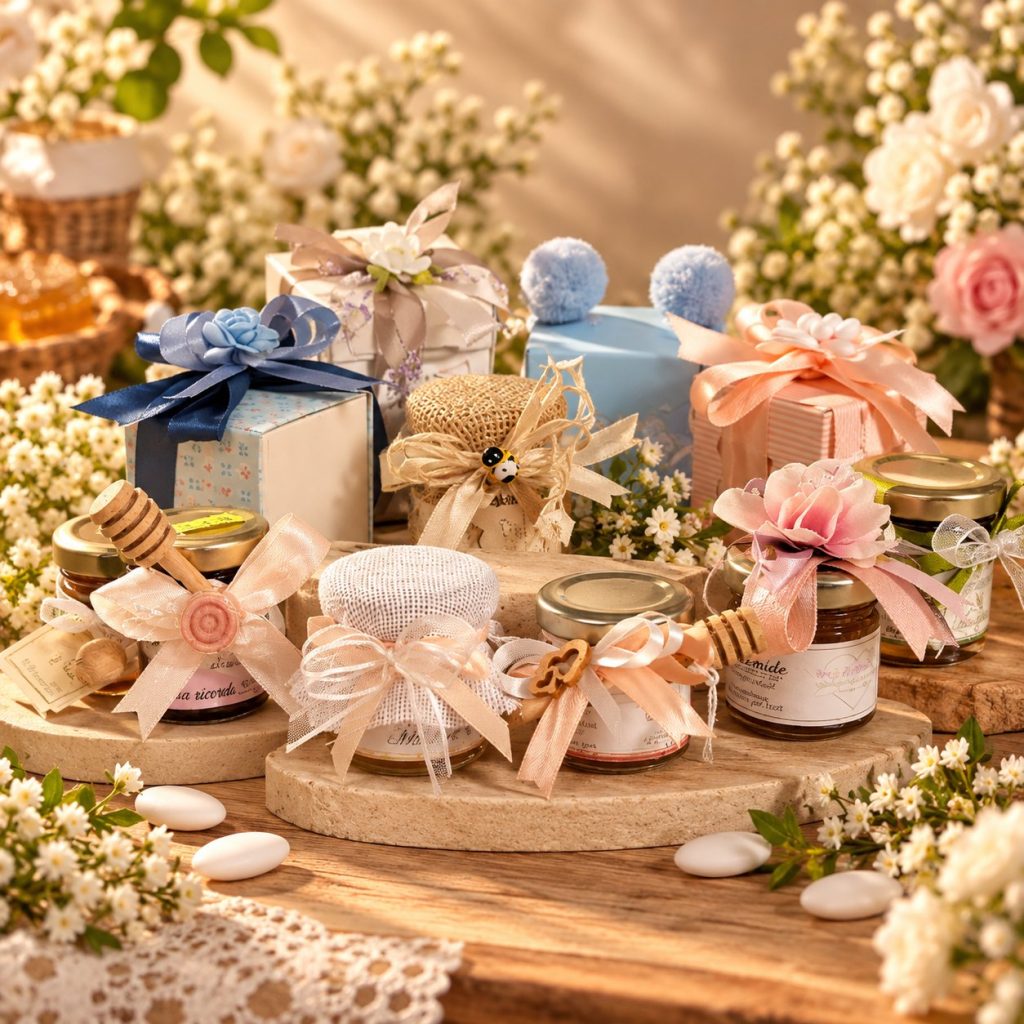 Vasetti di miele mignon con nastri, fiocchi e fiori di stoffa, fra rametti di fiori bianchi e confetti.