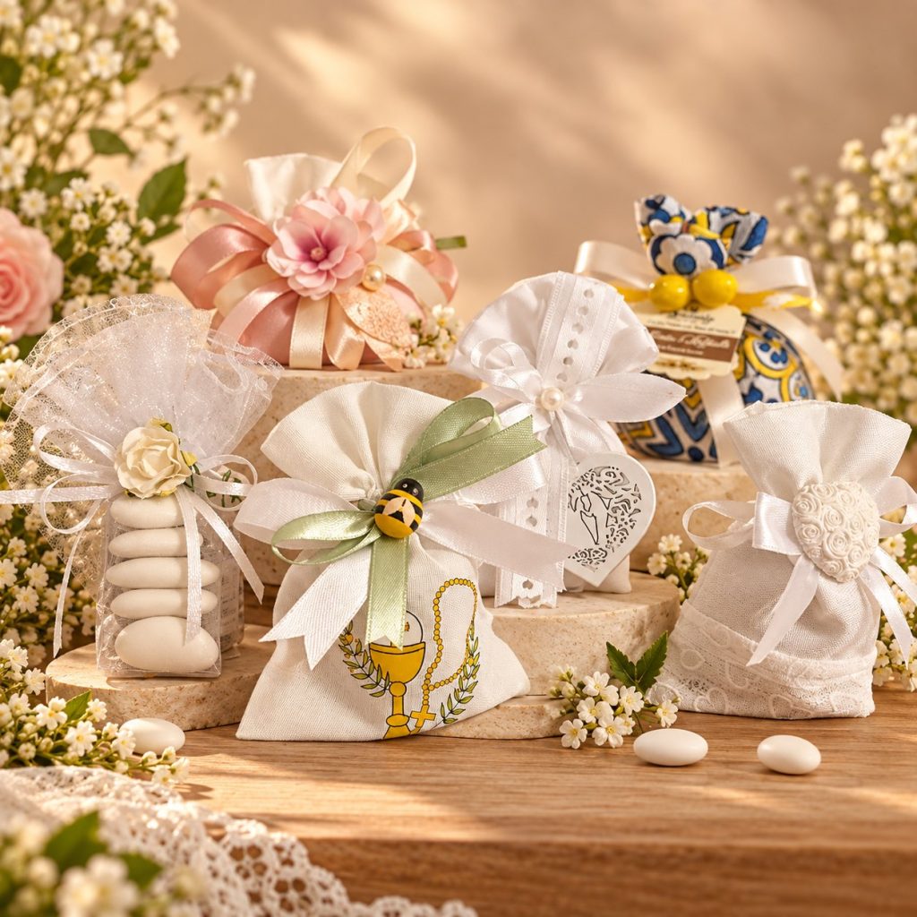 Sacchetti di stoffa bianca con confetti, nastri e fiori; uno ricamato con un calice.