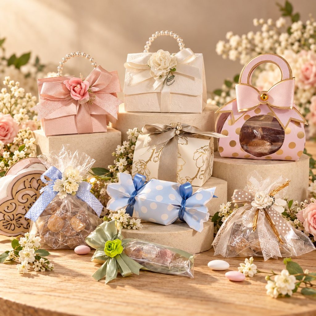 Scatoline e piccole borse di carta rosa, bianche e celesti, con nastri, perle e fiori.