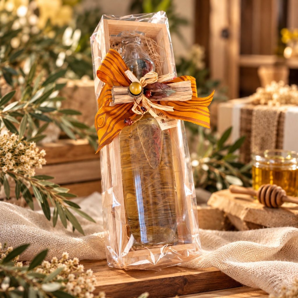 Bottiglia in una cassetta di legno con il cellophane e un fiocco arancione.