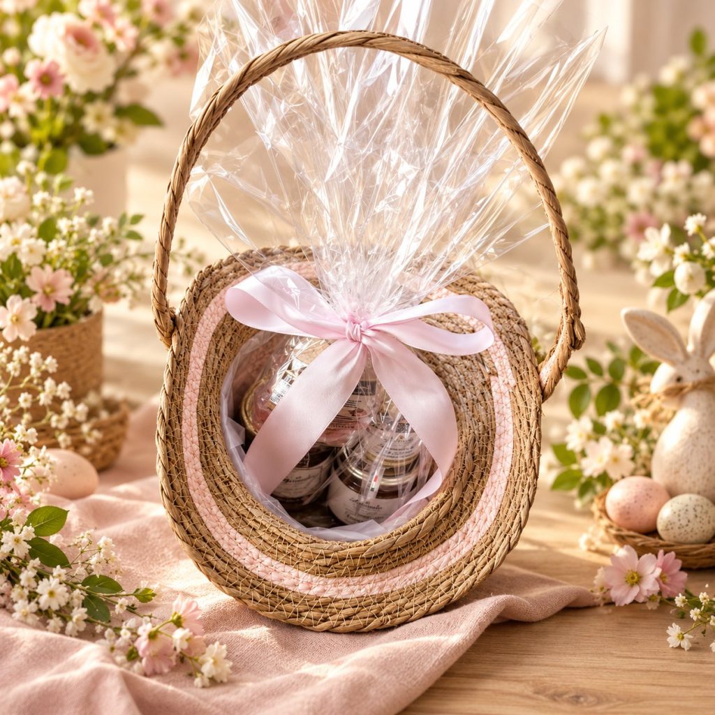 Cesto di corda con un nastro rosa pieno di vasetti, fra uova decorate, un coniglietto e fiori.