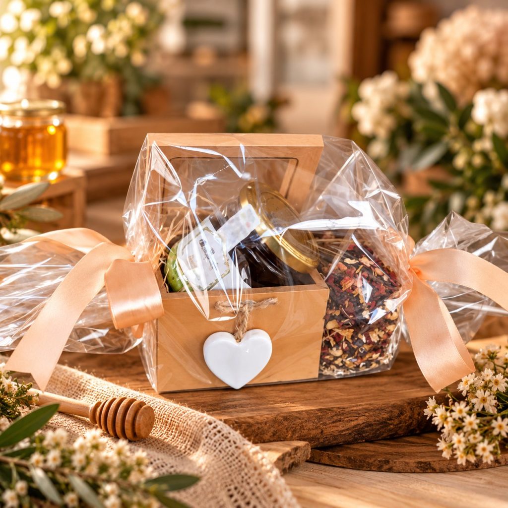 Cassetta di legno con una finestrella e un cuore bianco, con nastri color pesca, un vasetto e un infuso.