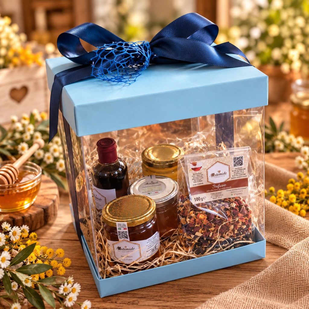 Scatola azzurra con il coperchio trasparente e un fiocco blu: dentro, su un letto di paglia, vasetti di miele, una bottiglia e un sacchetto di infuso.