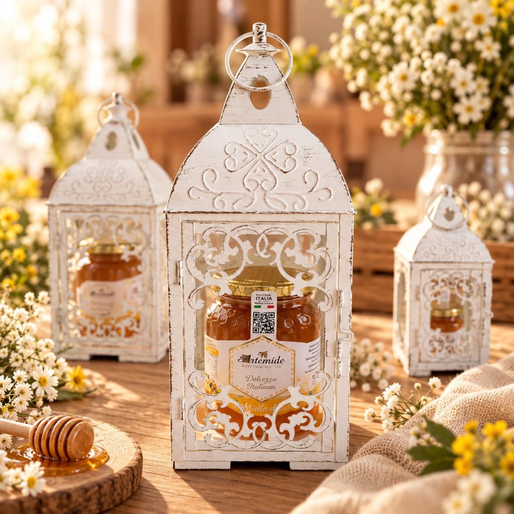 Lanterne bianche decorate, con un vasetto di miele dentro ciascuna, fra fiori e rametti.