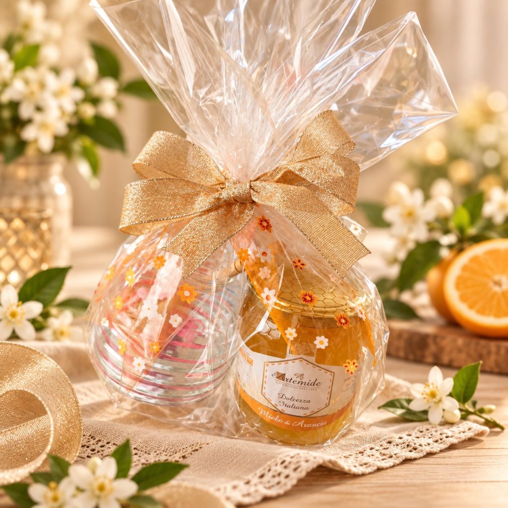 Un vasetto di miele d’arancio e un bicchiere di vetro, avvolti in cellophane con un nastro dorato.