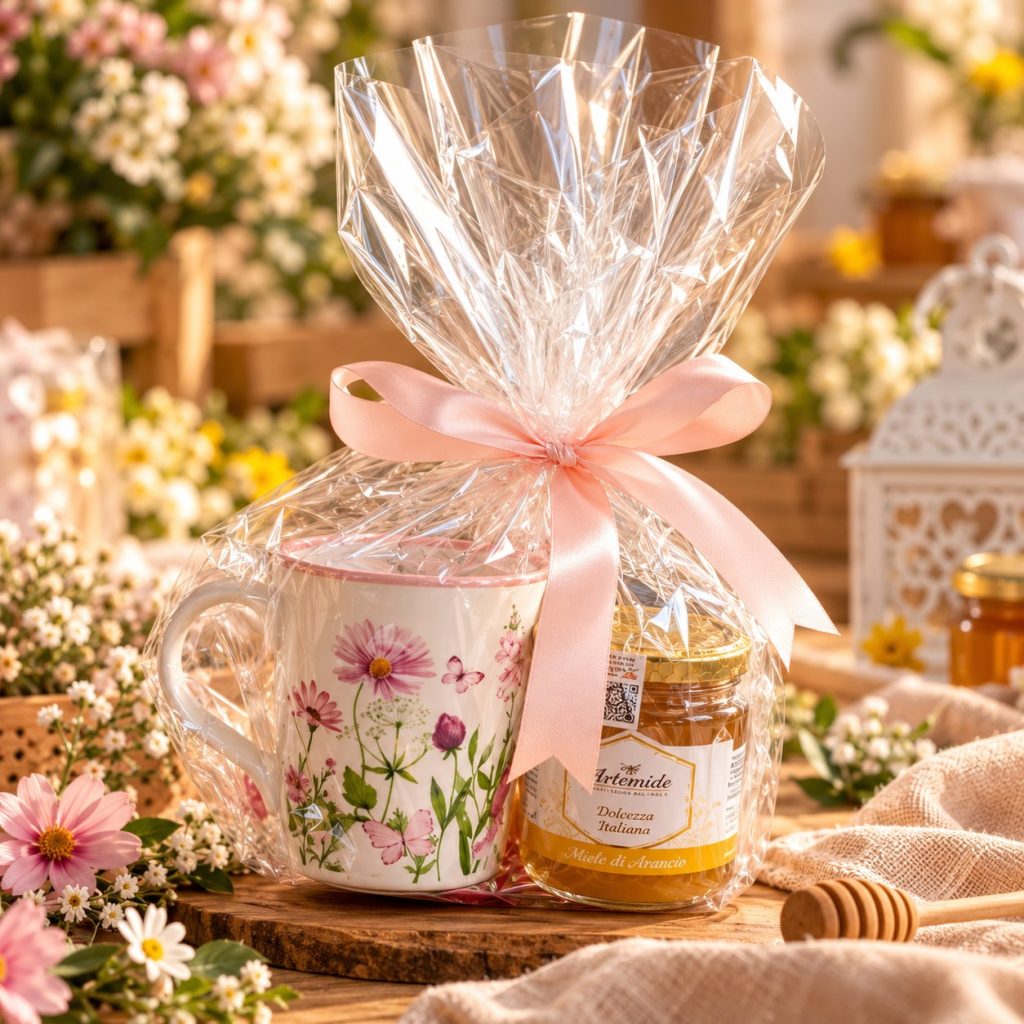 Una tazza a fiori e un vasetto di miele nella stessa confezione trasparente, chiusa da un nastro rosa.