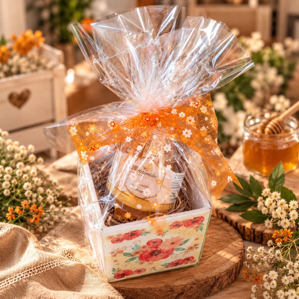 Scatola decorata a fiori con un vasetto di miele, avvolta in cellophane con un nastro di organza arancione.